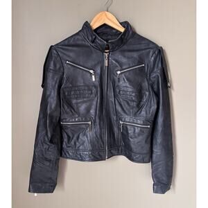 Vintage Y2K Bebe Black Genuine Leather Moto Jacket 90s Large EUC